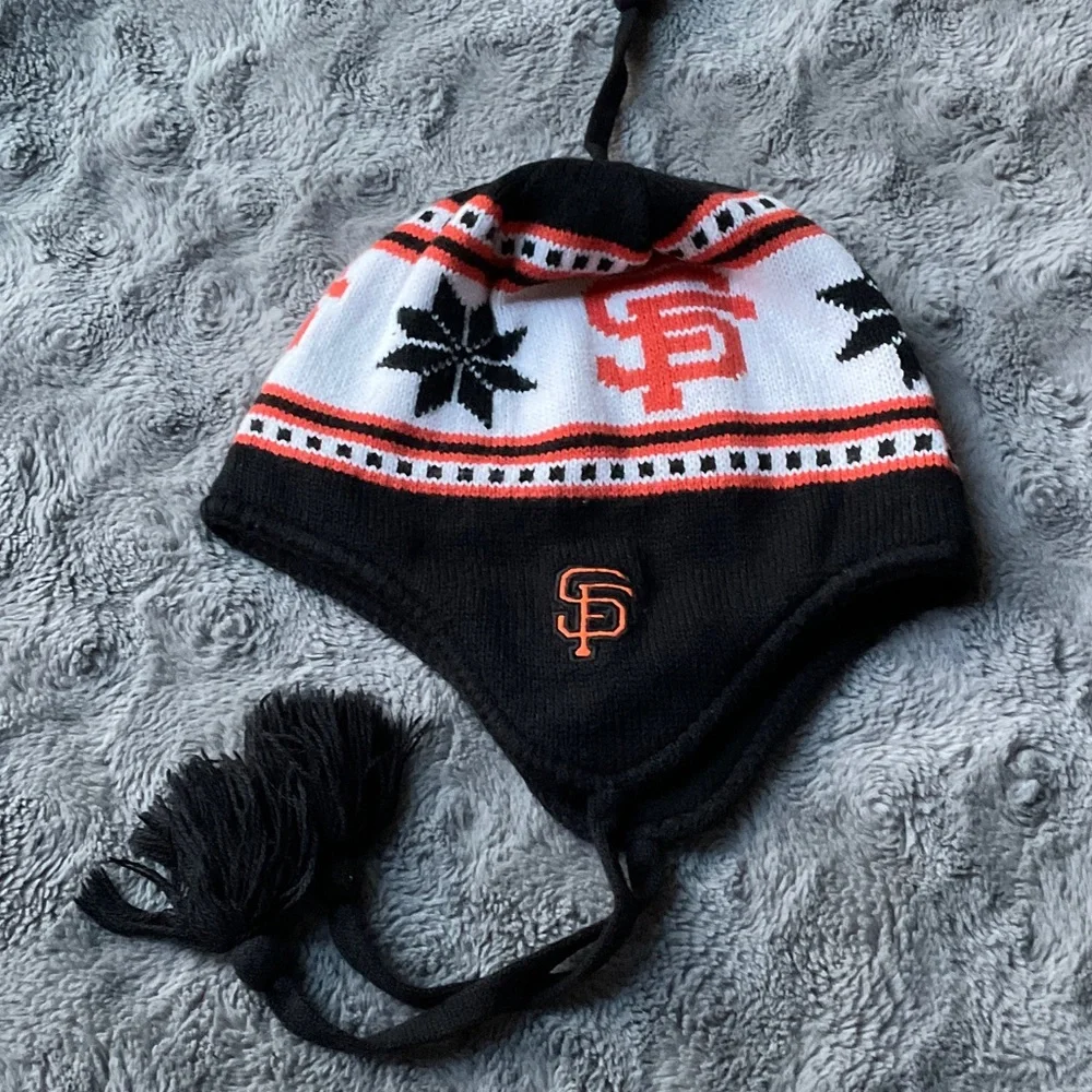 Kids Pom Earflap Beanie Hat - Black/Orange/White